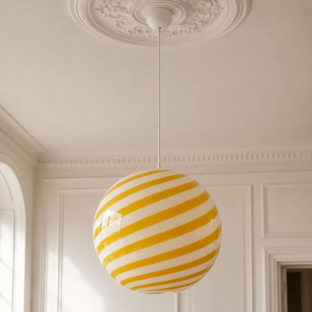 Candy Swirl Murano Pendant Lamp – White & Yellow Ø40 - Bellavé Studio