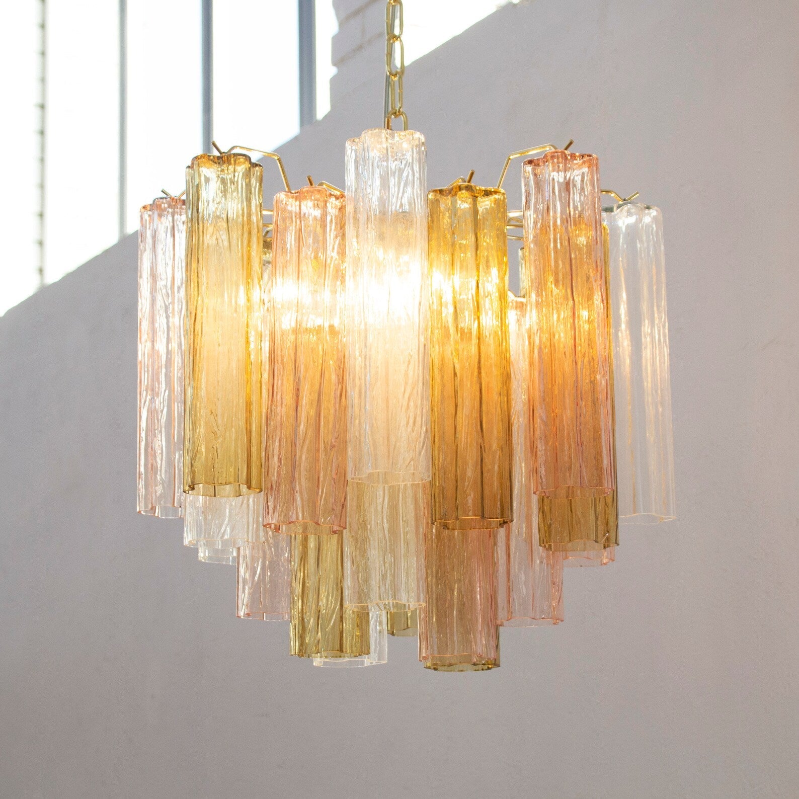 Murano Pagliesco, Clear and Cipria Pink Tronchi Chandelier Ø53 - 24 Tubes - Bellavé Studio